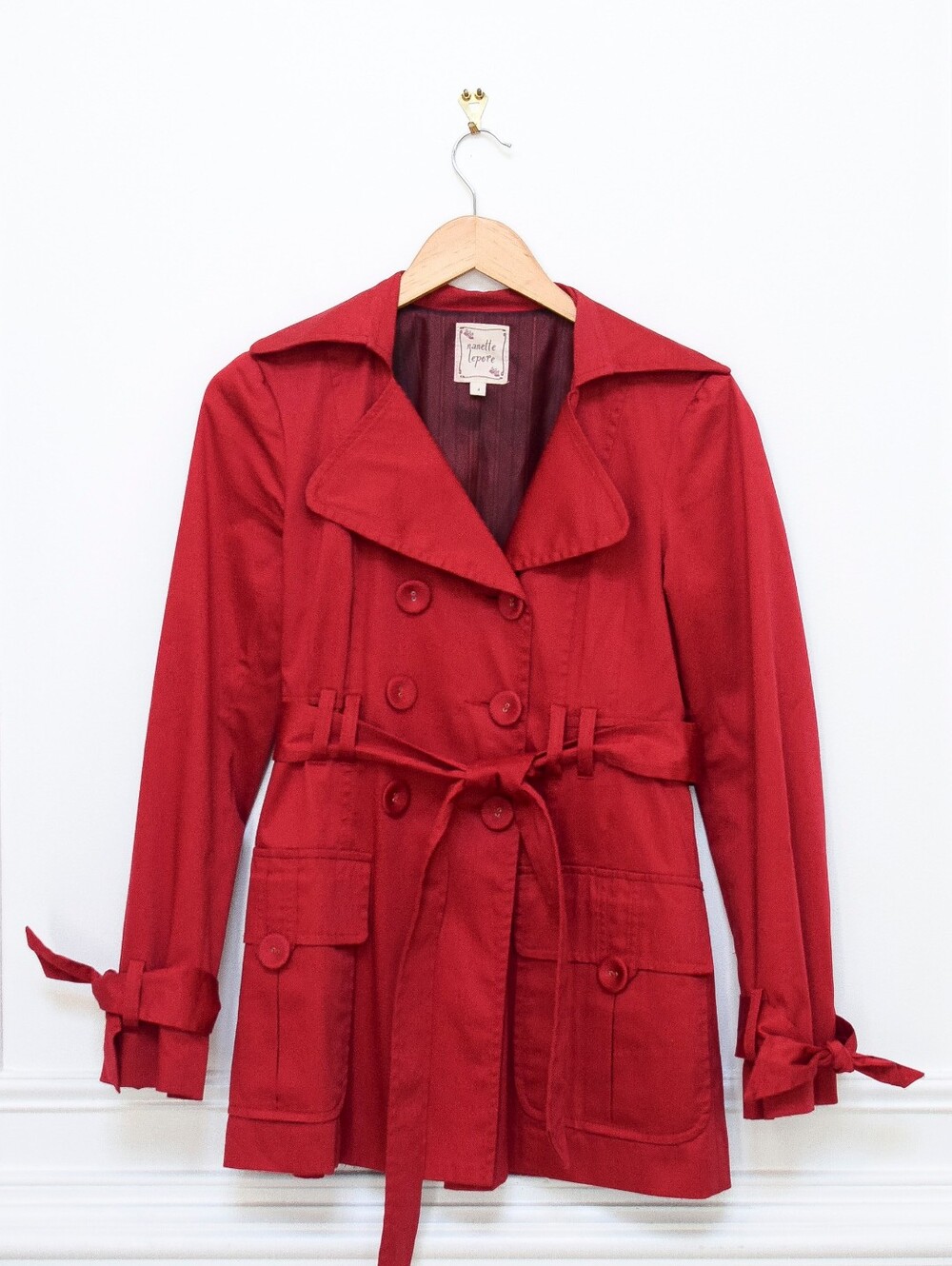 Vintage Nanette Lepore Red Trench Coat Jacket Belted Size 4 Y2K Preppy Fall